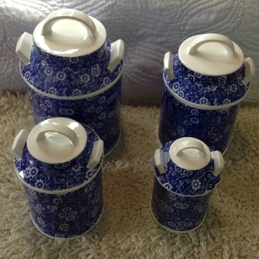 VTG Blue and White Canisters; Chintz Pattern, Glazed ceramic, Traditional, 4 Pc.